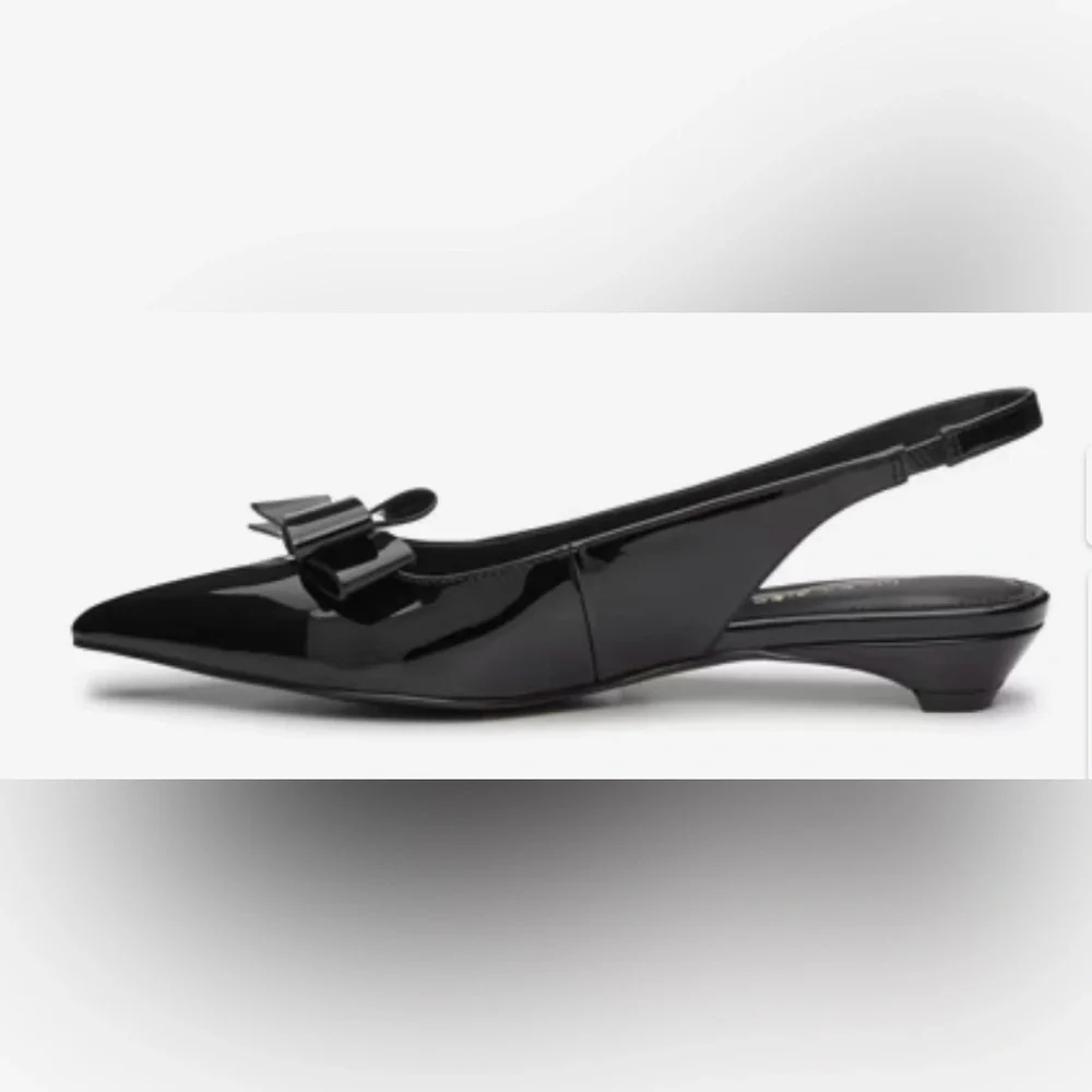 Marc Fisher Black Patent Pointed Toe Slingback Flats with Bow - Picture 4 of 13